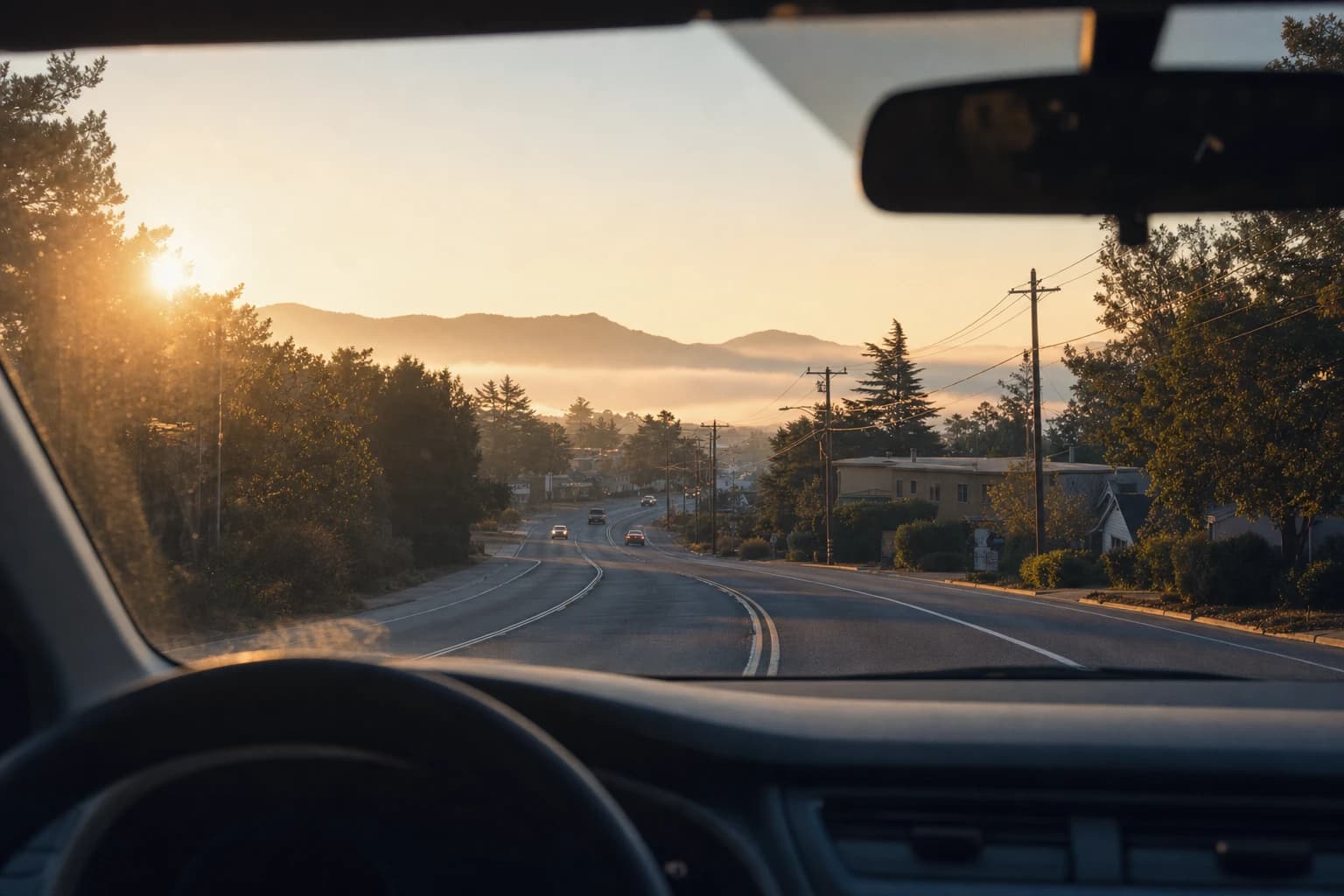 A commuter road seen through a windshield with low morning sun