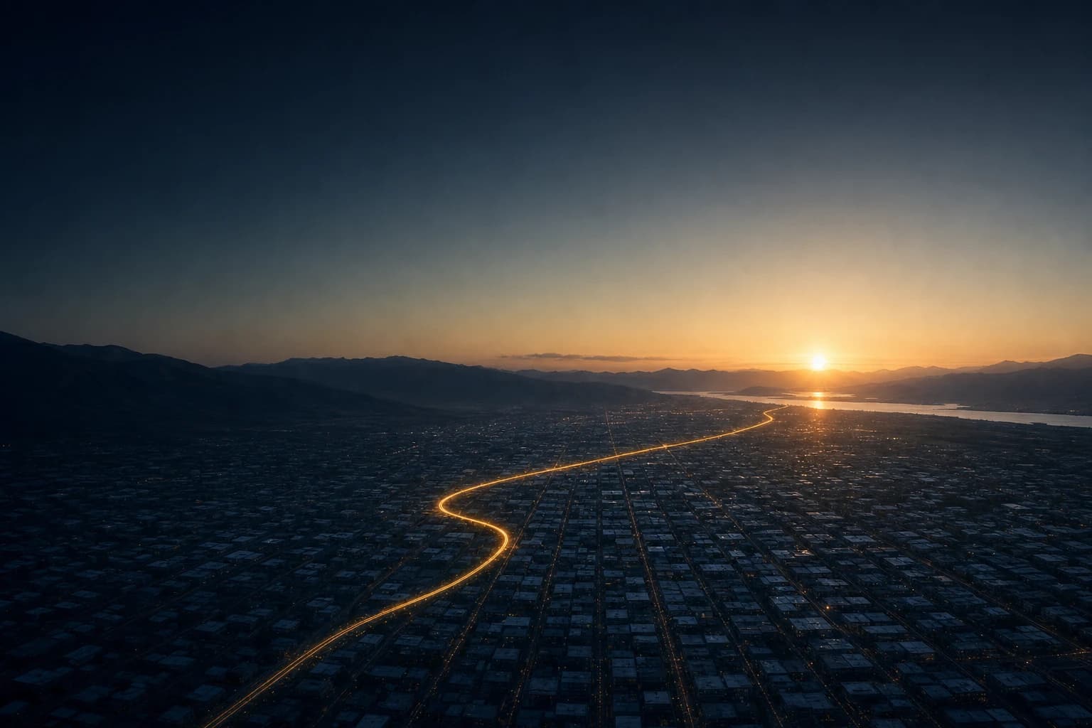 A warm route line winding through a city toward the low sun